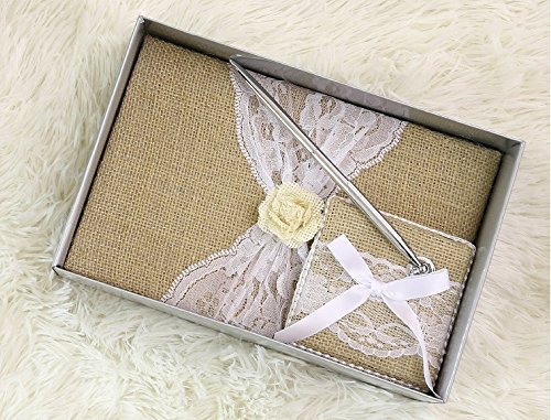 Rustic Wedding Guest Book Made Of Burlap And Lace - Includes Burlap Pen Holder And Silver Pen - 120 Lined Pages For Guest Thoughts - Comes In Gift Box (White Flower) #TOP6