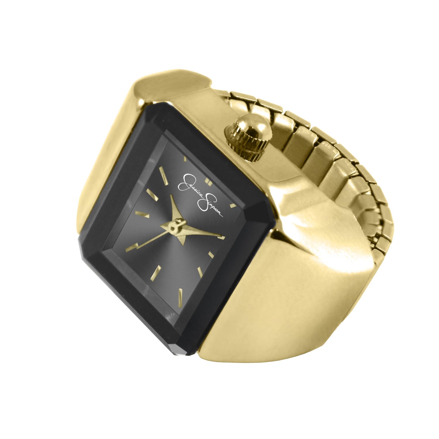 Jessica Simpson Damenuhr Gold Ring - Rechteckiges schwarzes Sunray Zifferblatt Kristall Akzente Stretch Expansion Band Quarz Analog Modeaccessoire