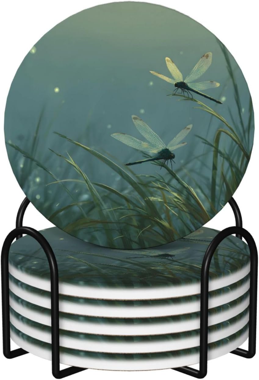 (Dragonflies) Ceramic Coasters Set of 6 with Holder Non-Slip Round Coffee Coasters for for Cup Mug Drink Patio Coffee Table Decor, Christmas Coasters Home Bar Supplies