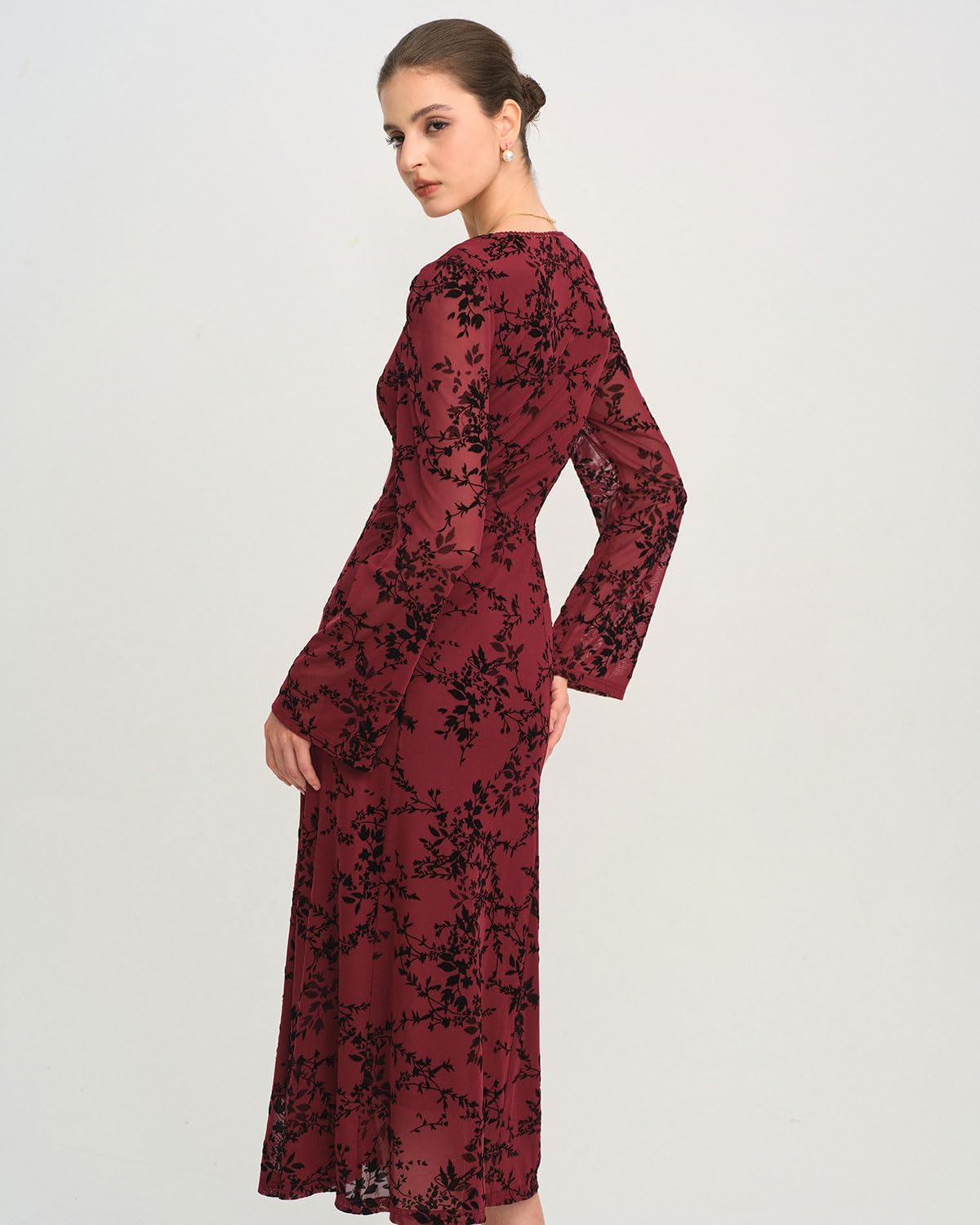 RIHOAS Fall Winter Wedding Guest Cocktail Dress - Elegant Sexy Floral V Neck Long Sleeve Flowy A Line Maxi Party Dress - Image 6