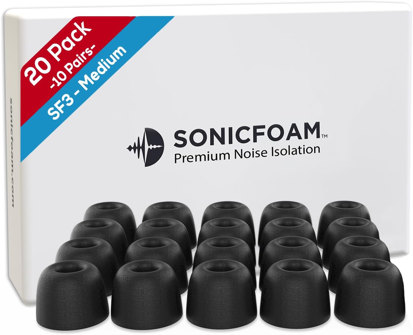 SONICFOAM (SF3 Medium Black) Replacement Memory Foam Earbud Tips for Earbuds with Speaker Diameter 3.3-4.3mm - 20 Pack / 10 Pairs