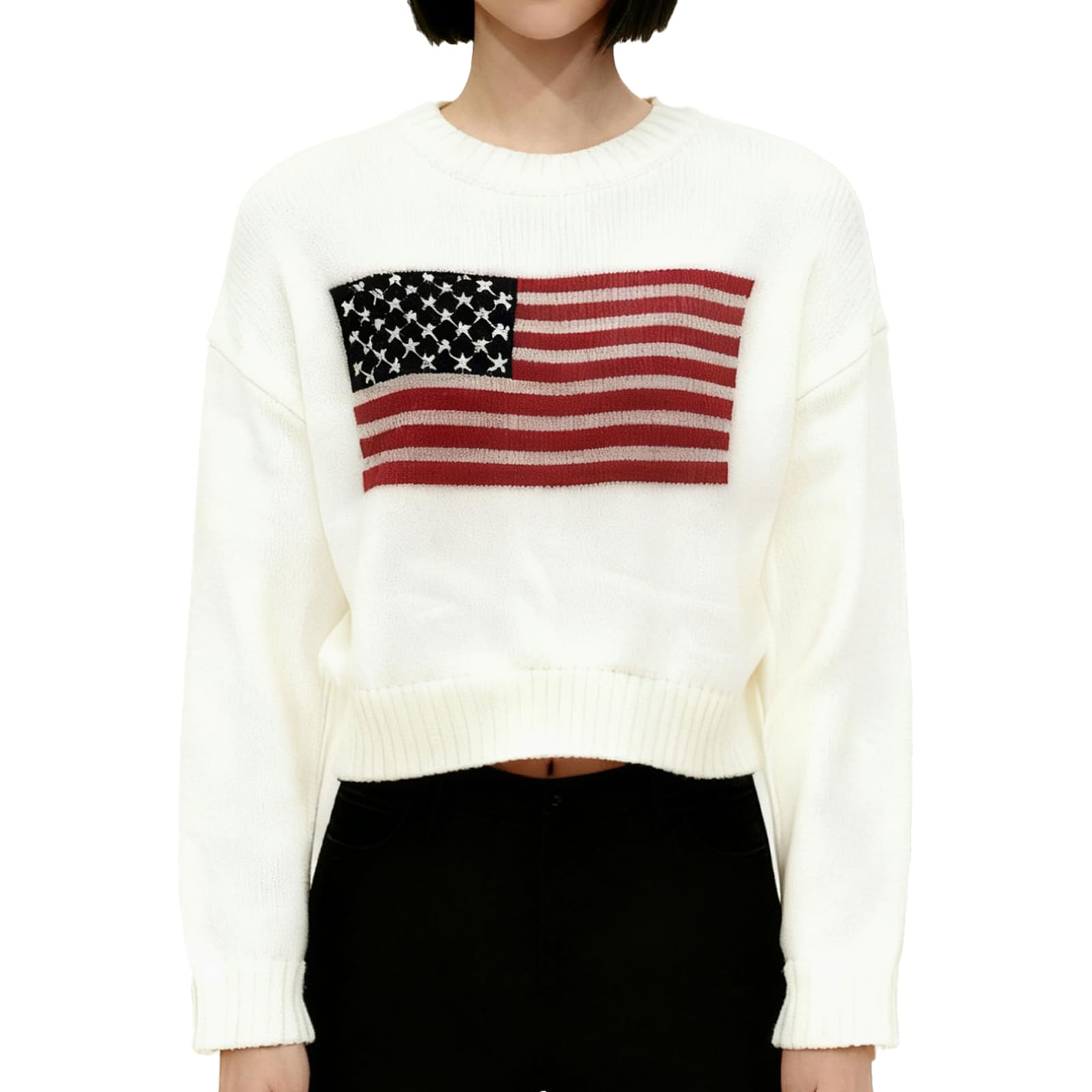 Patriotic American Flag Knit Sweater White Cotton Blend Long Sleeve Pullover with USA Flag Design for Women