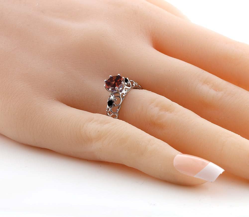 Gem Stone King 1.11 Cttw Red Garnet and Black Diamond Engagement Ring For Women | 925 Sterling Silver | Gemstone Birthstone | 3 Stone Wedding Engagement Anniversary Promise Ring For Women - Image 3