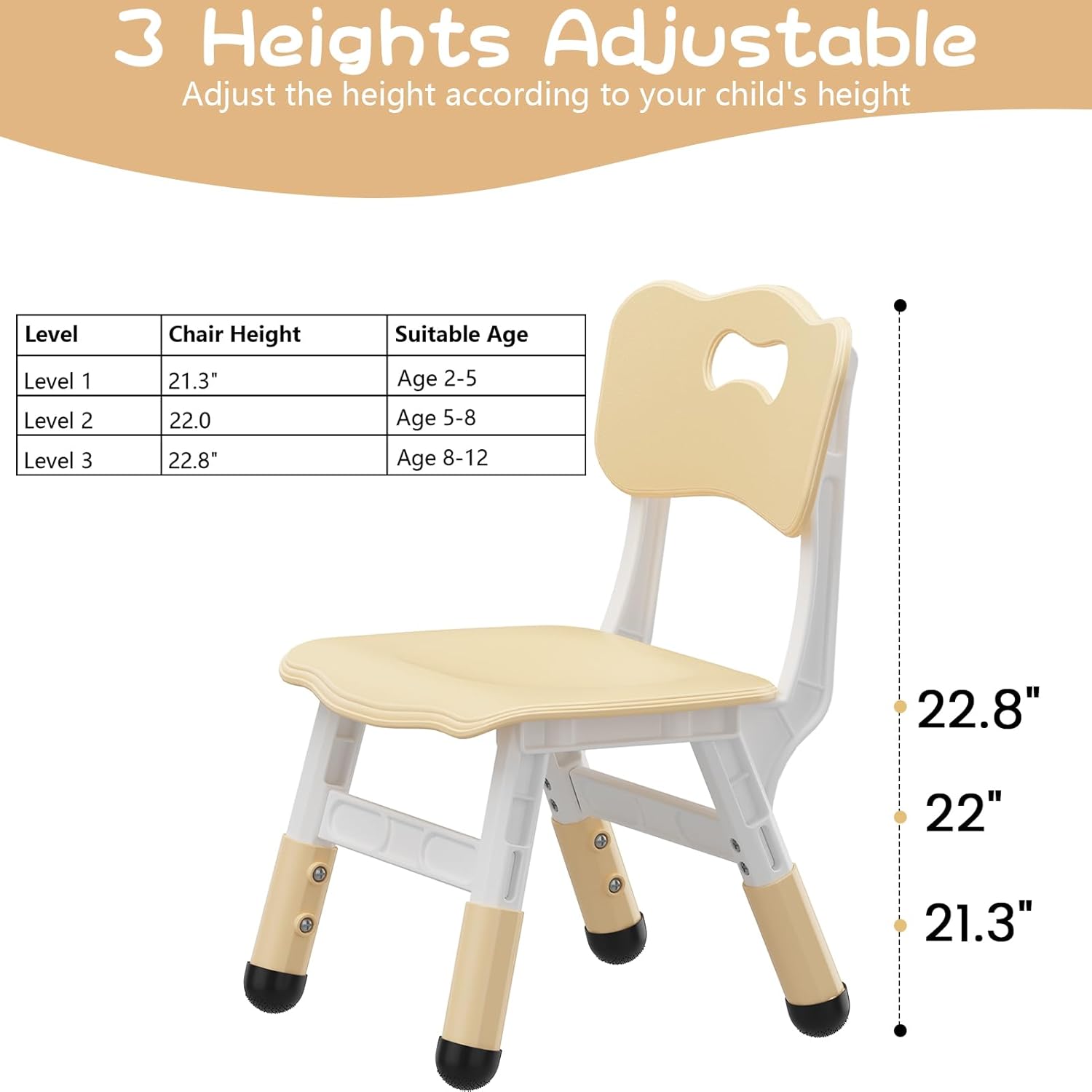 Garvee Kids Chairs 2 Pack, 3 Level Height Adjustable Toddler Chairs for Children Boys Girls Age 2-6, Plastic Kids Chair for Home Family Classroom Nursery, Beige