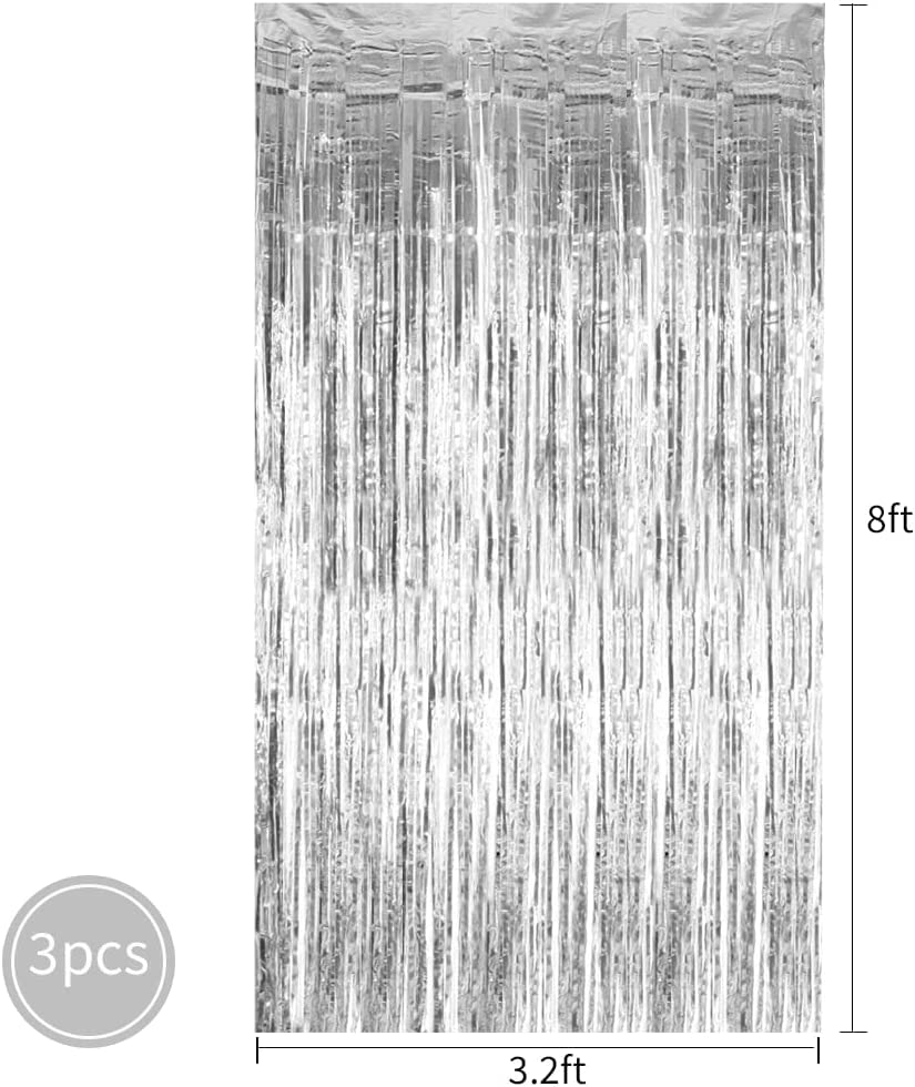 Image of 3Pcs Silver Metallic Tinsel Foil Fringe Curtains,3.2ft*8ft Silver Photo Booth Backdrop Streamer Curtain,Photo Booth Props,Ideal for Bachelorette,Birthday,Christmas,New Year Party Decorations