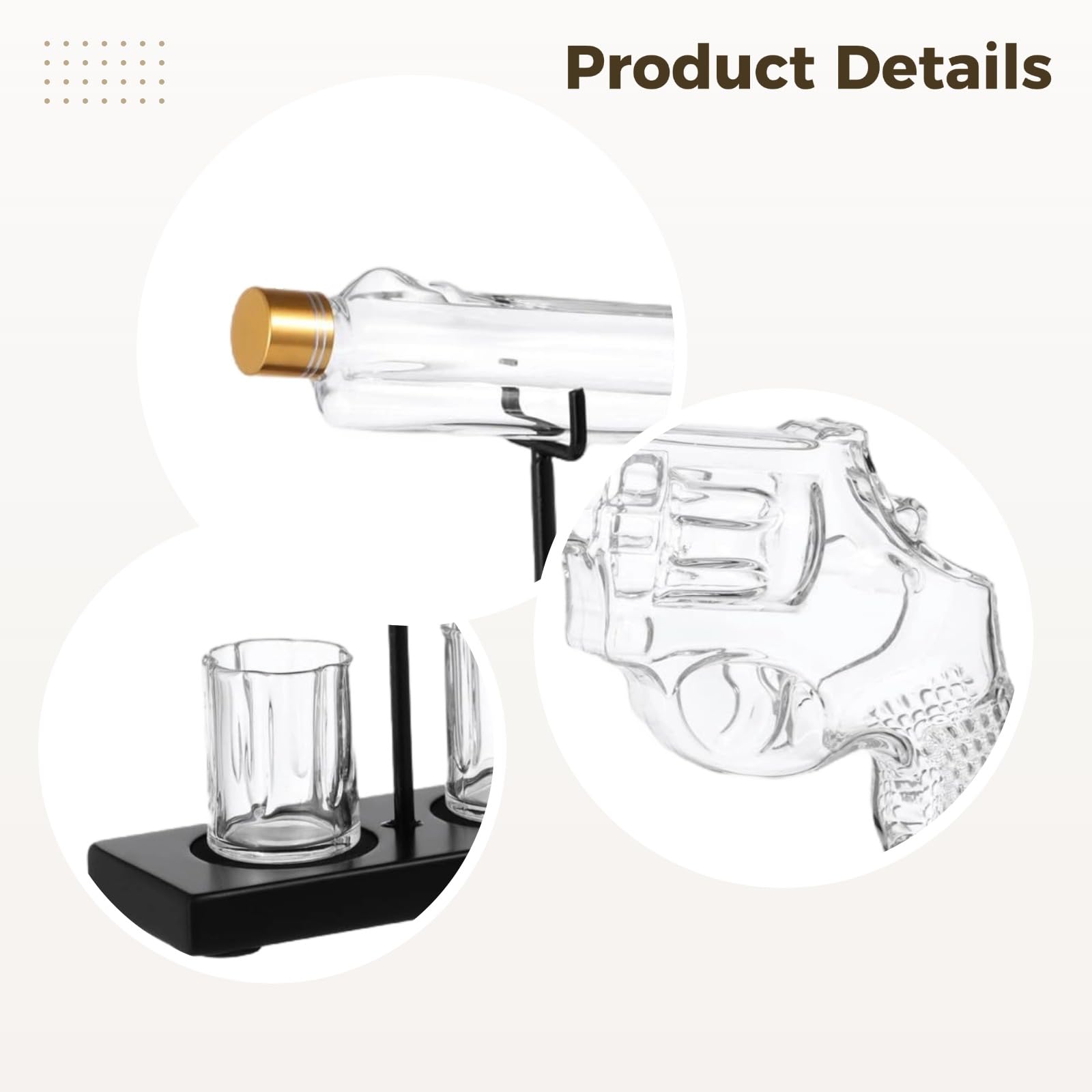 Générique Pistolenförmiger Dekanter mit Gläsern, Whisky-Dekanter-Set für Männer, mit Trichter und stabilem Metallständer, originelles Glasdesign, perfekt für Whisky-Liebhaber