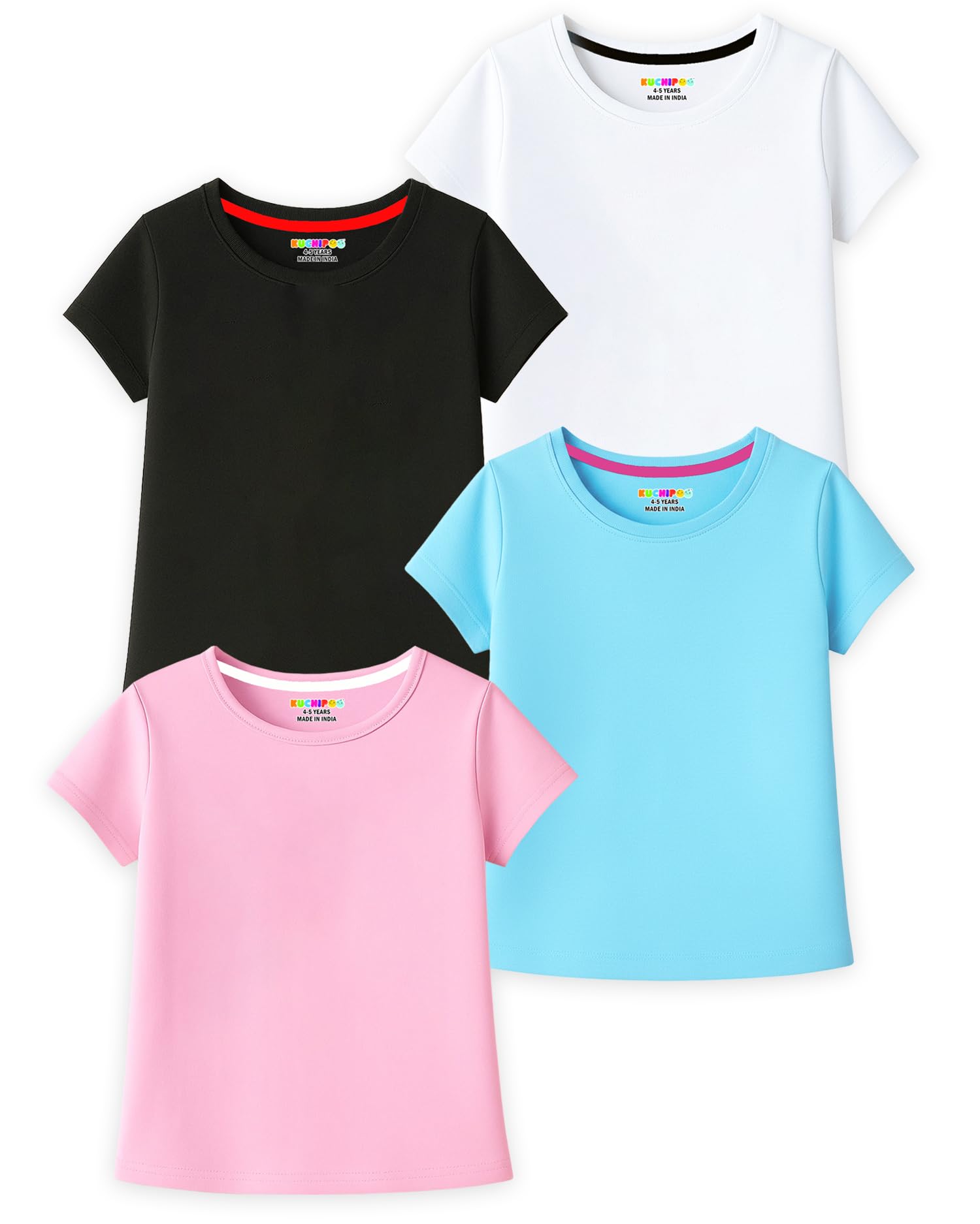 Kuchipoo Girls 100% Cotton Half Sleeve T-Shirt | Soft & Breathable Fabric | Round Neck Plain Solid Tee | Comfortable Pack of 4
