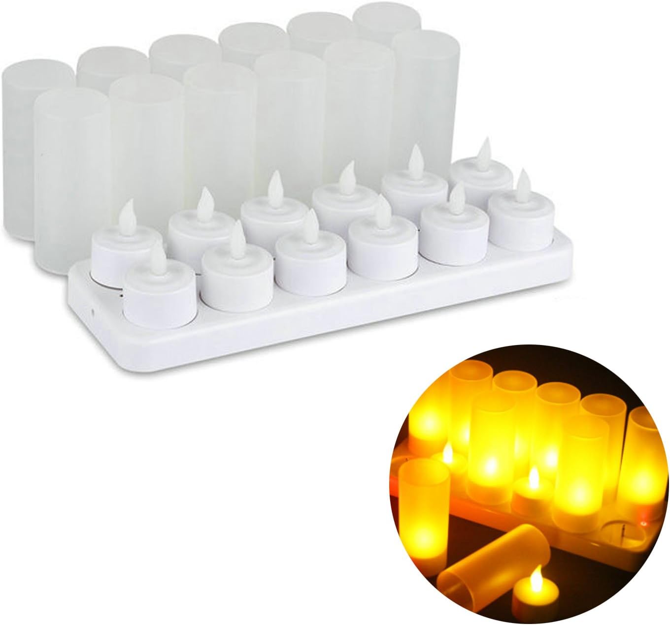 Hmore 12 pcs LED Rechargeable Flameless Tea Light Candle Set Electric Votives Waxless Safe Romantic Birthday Wedding Church Bar Decor