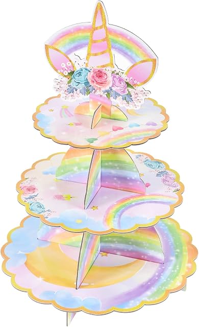 Unicorn Cupcake Stand - Unicorn Birthday Party Decorations for Girls Kids 3-Tier Cardboard Cupcake Stand Dessert Tower Holder Round Serving Tray Stand Unicorn Horn Theme Baby Shower Party Supplies