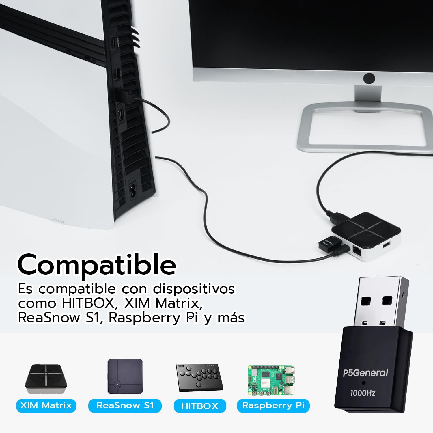 Besavior P5 General Adaptador Compatible con PS5/Slim/PRO, Compatible con HITBOX, XIM Matrix, ReaSnow S1, Raspberry Pi | Adaptador Gaming Plug-and-Play 1000Hz para Juegos de PS5 – Negro