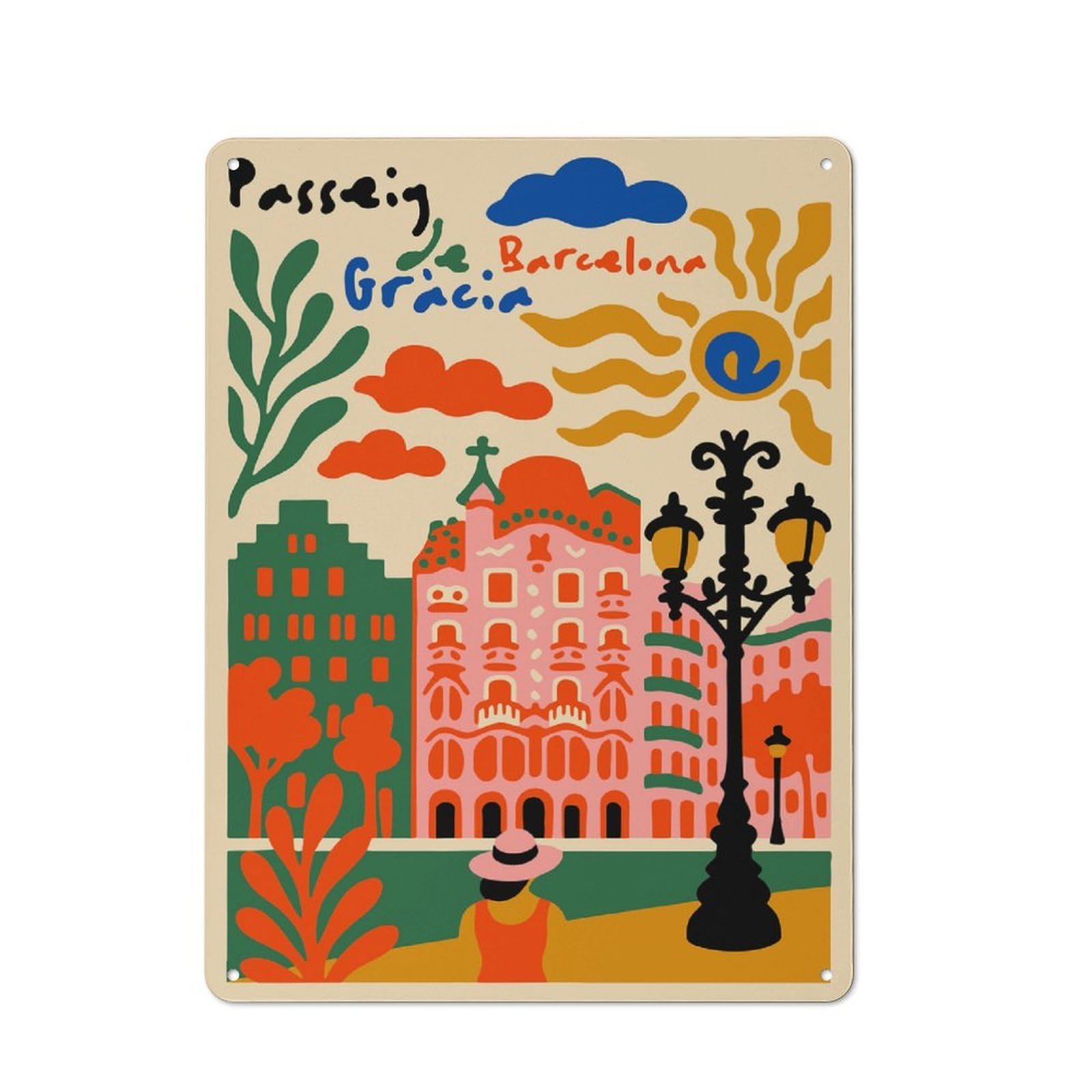 Junmoney Style-22 Passeig De Gràcia, Barcelona Illustration Retro-Style Tin Sign 40X30cm For Home Bar Wall, With Clear Retro Wall Decor Character