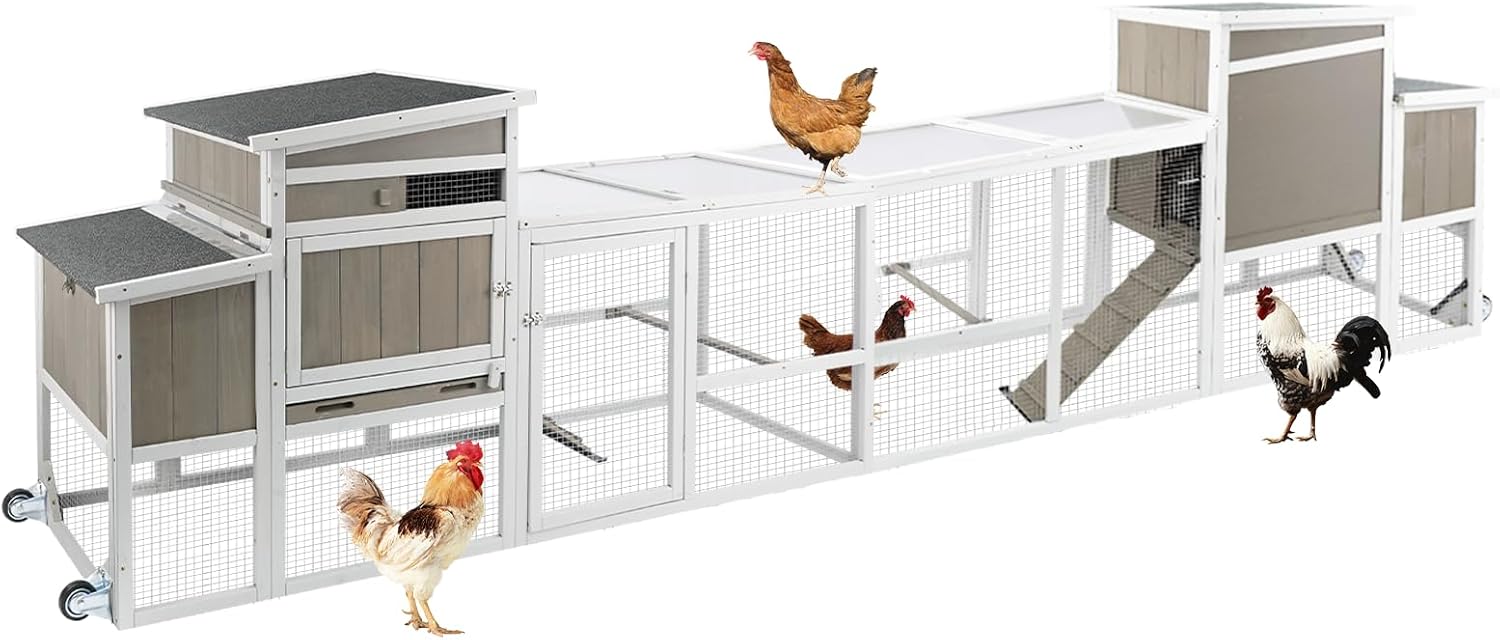 Wooden Chicken Coop Cage Outdoor Indoor Hen House with Nesting Box, Waterproof Roof, Removable Tray for Poultry Pets Enclosure Garden Backyard Grey (Grey, 157.4" L x 23.6" W x 38.6" H)