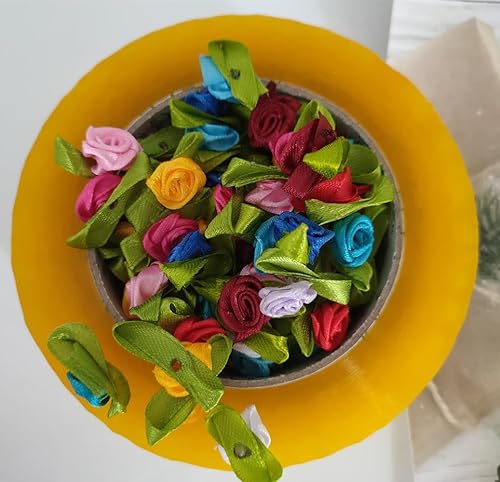 Miniatura 7 de Mini rosas de cinta para coser manualidades, paquete de 100 rosetas artificiales de tela con hojas verdes para decoración de manualidades,