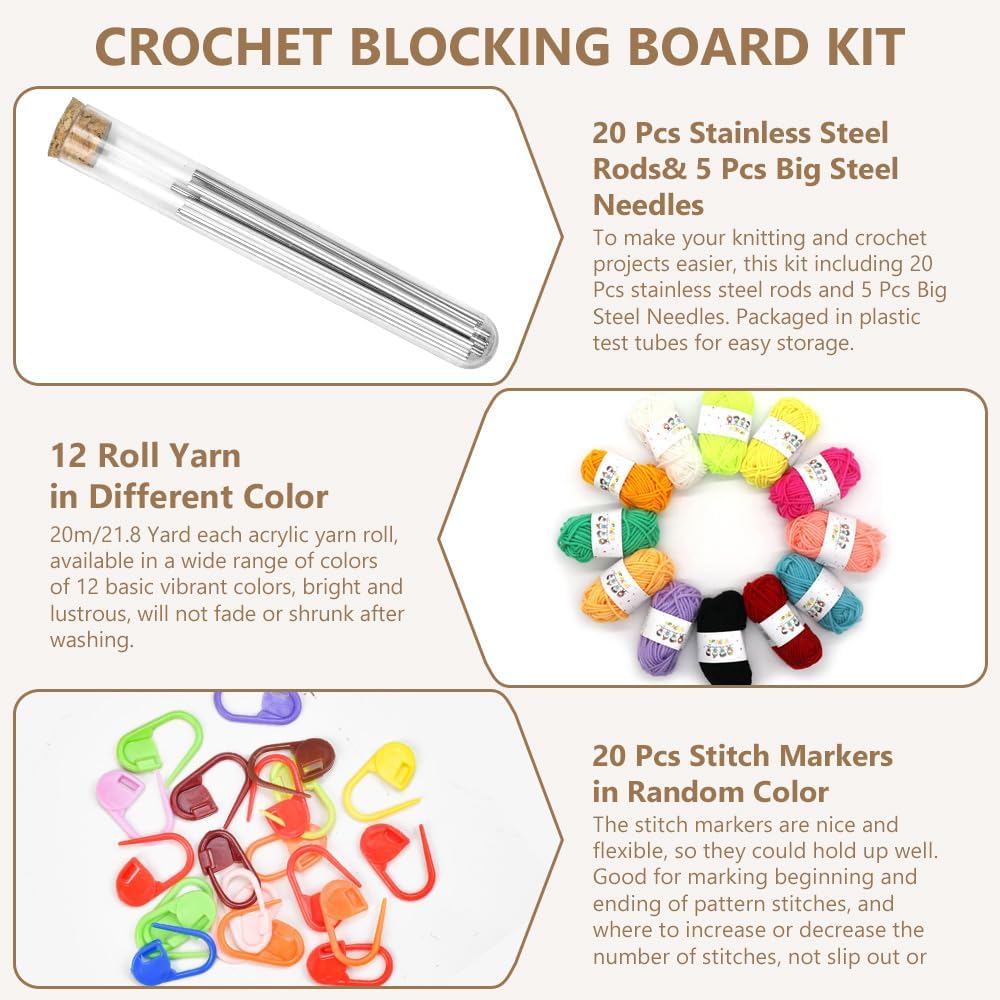 KITERI Crochet Blocking Board Granny Square Blocking Board Wooden Crochet Blocker Knitting Blocking Board with 20 Steel Pins 5 Large Eye Needle, 12 Colored Yarn, 20 Stitch Marker, Gifts for Mothers