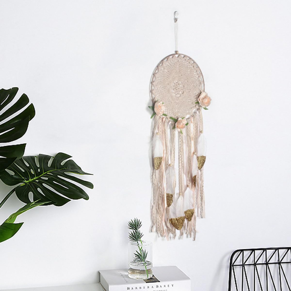Handmade Beige Plume Dream Catcher Hanging Wall Decor, Bohemian Tapestry Art Ornament for Bedroom and Living Room, Lightweight Home Decoration