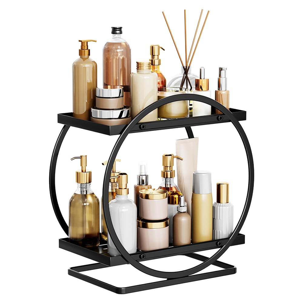 NUODWELL Make-up-Organizer für Schminktisch, 2-stöckig, Badezimmer-Arbeitsplatten-Organizer, Hautpflege, Kosmetik-Aufbewahrungsregal, Metall, Parfüm-Organizer für Schlafzimmer, Kommode (schwarz, rund)