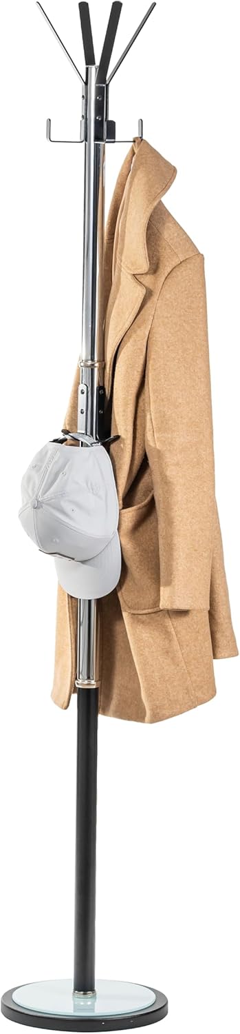 Coat Rack with Brushed Steel Finish – Space-Saving Entryway Organizer Perfect for Coats, Bags, Purses and Hats. Stand with12 Black Hooks and Tempered Glass Base, Perfect for Home & Office 69'' Tall