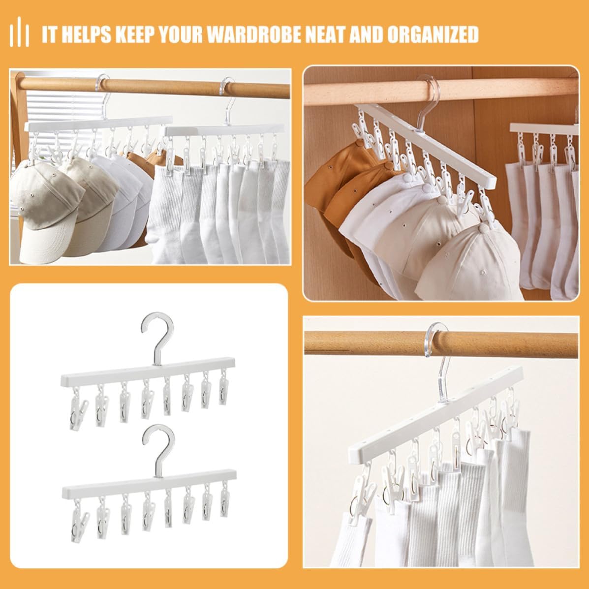 Vaguelly 4pcs White Clothes Hangers with 8 Clips Rotating Cap Rack
