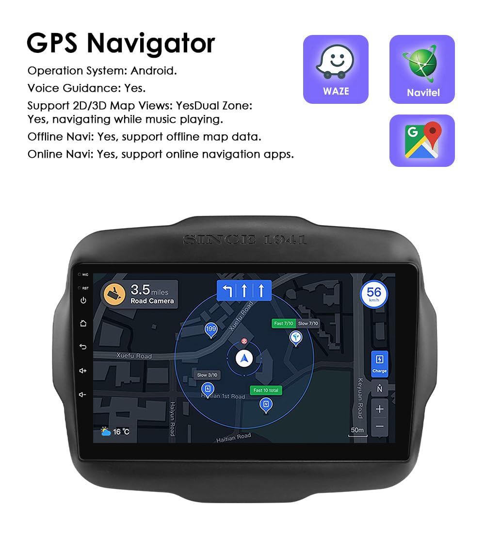 Ossuret Radio samochodowe do Jeep Renegade (2016-2020), 9 cali Android 13 ekran dotykowy 2+32 GB nawigacja GPS z Carplay Android Auto WiFi Bluetooth sterowanie kierownicą DSP USB