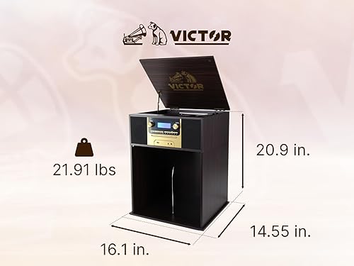 Miniatura 8 de Victor VWRP-4500 Boyleston Centro de música tocadiscos 7 en 1 con reproductor de grabación de 3 velocidades, reproductor de CDMP3, radio AMFM,