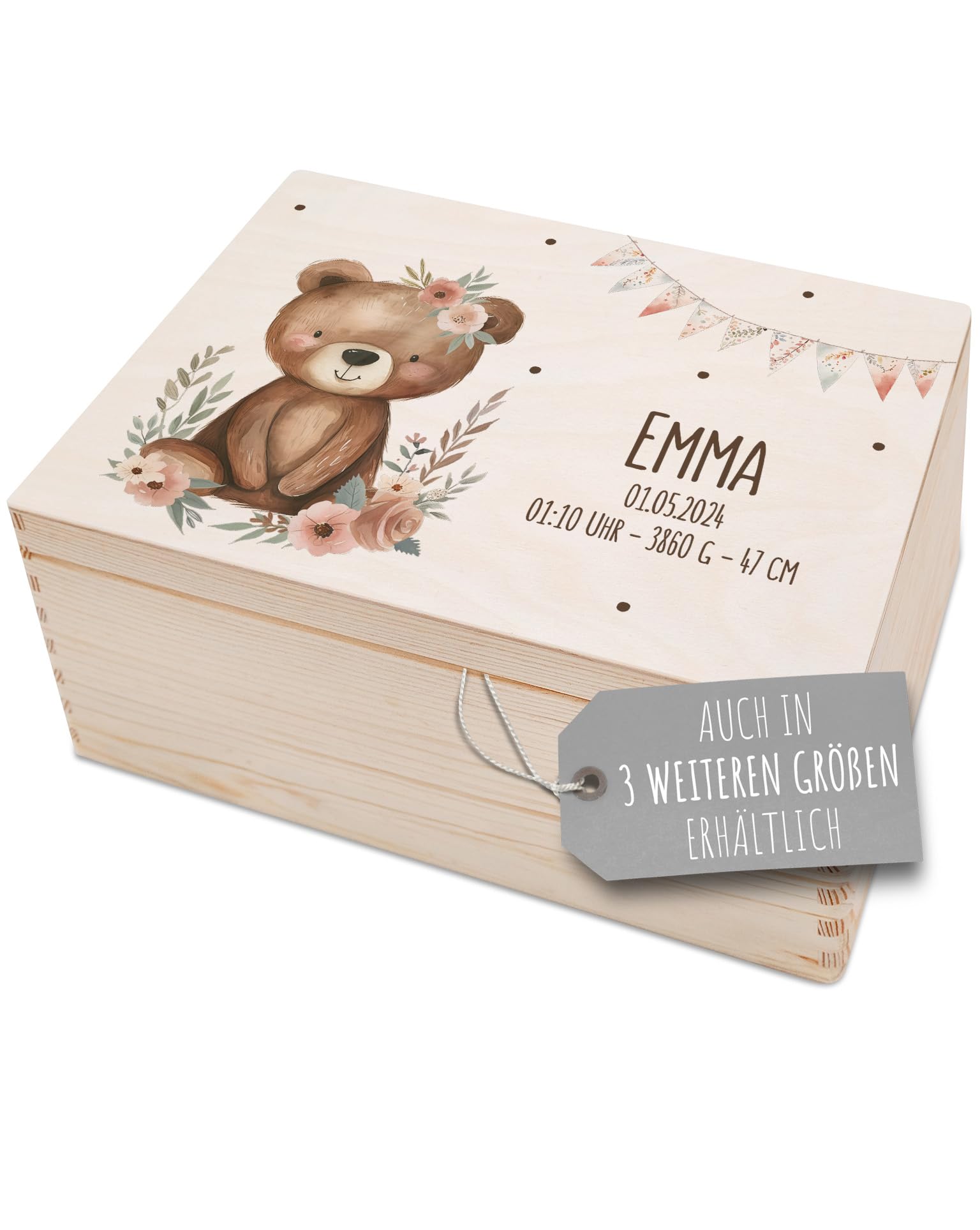 Bärenfreunde - TOP Personalisierte Erinnerungsbox Baby - Individuelle Babies Erstausstattung - Erinnerungskiste aus Holz - Geschenk zur Geburt als Taufgeschenk, Bär Blumen Girlande