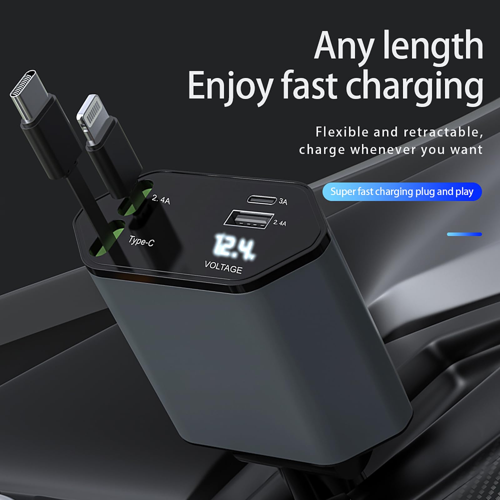 Wysuwana ładowarka samochodowa z 2 wbudowanymi kablami (USB-C/Lightning) i portami USB-C i USB, akcesoria samochodowe dla kobiet i mężczyzn - PD/QC3.0 szybkie ładowanie do iPhone'a 16/15, Samsung