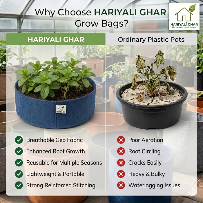 Image of 400 GSM Geo Fabric Round Grow Bags 12x6 Inch, Blue Planting Bags for Terrace and Kitchen Gardening Pack of 5