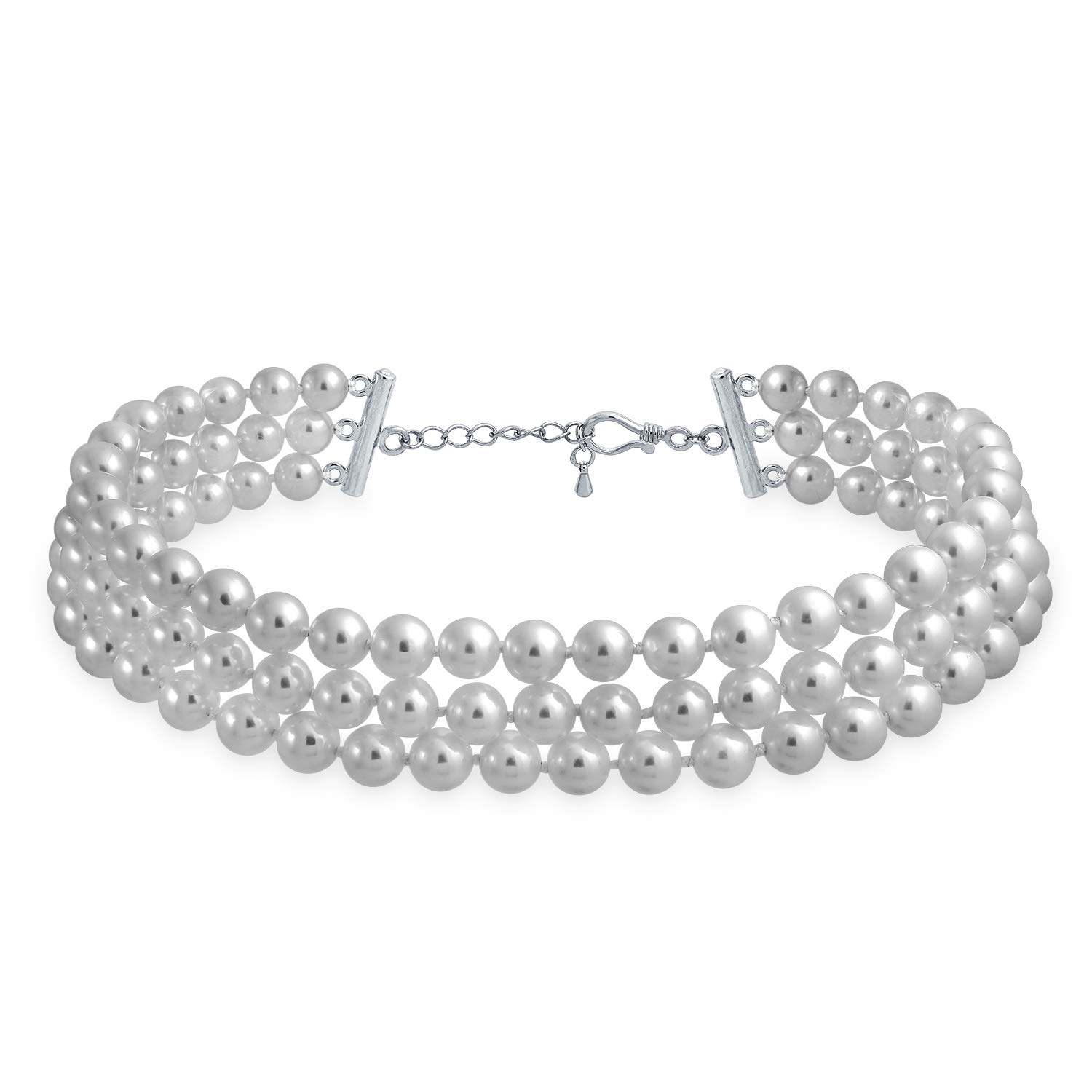 Bling Jewelry Collier De Choker En Perles Simulées Gris Rose Blanc Noué À La Main Avec 3 Rangées Larges Pour Femmes Adolescentes Bal De Promo Mariage