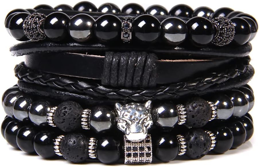 Natural Stone Leather Bracelet Set Obsidian Volcanic Tiger Eye Bead Punk Style Men's Bracelet Set (bra000034) (Style H)