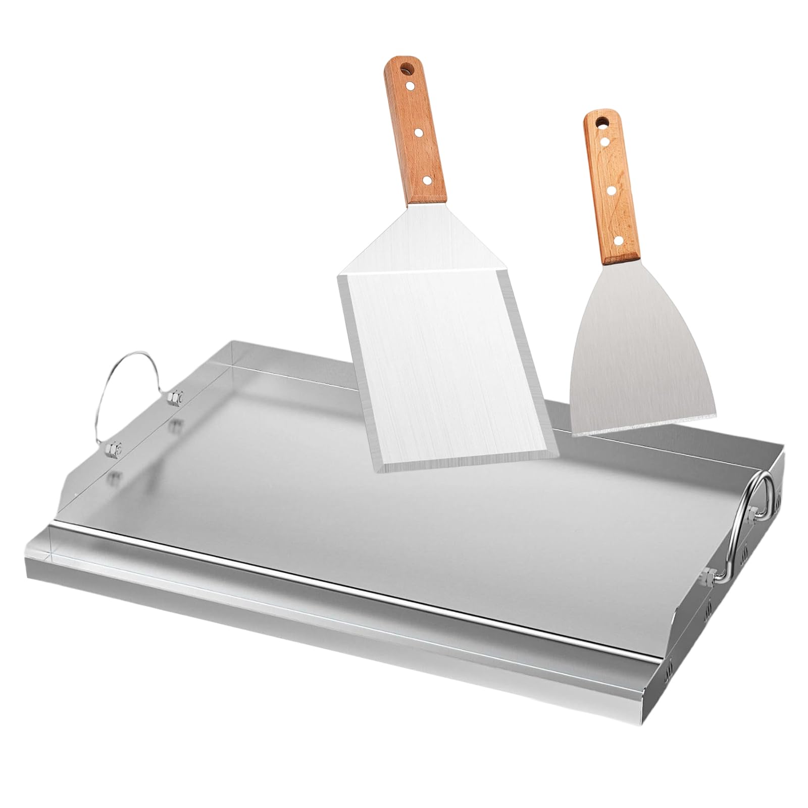 Plancha - Set di piastre per barbecue, 58 x 40 cm, con spatola e raschietto per barbecue, in acciaio inox con protezione antiscottatura e spatola per grigliare con manico in legno per barbecue a gas