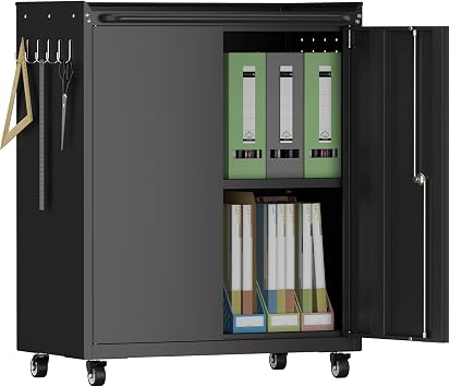 Metal Garage Storage Cabinet with Wheels, 32H Rolling Cabinet with Lock & Doors, Heavy-Duty Steel Tool Storage Cabinet for Home Office, Basement, Workshop, Black