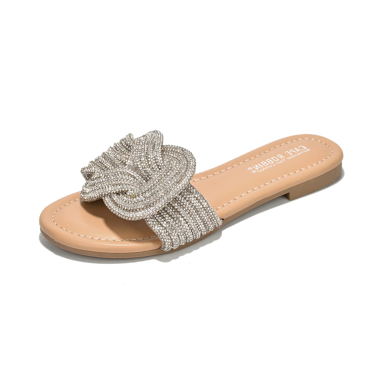 Cape Robbin Women's Glitter Flat Slide Sandals | Dressy Open-Toe Summer Sandals with Rhinestone Knot (Jeffer)