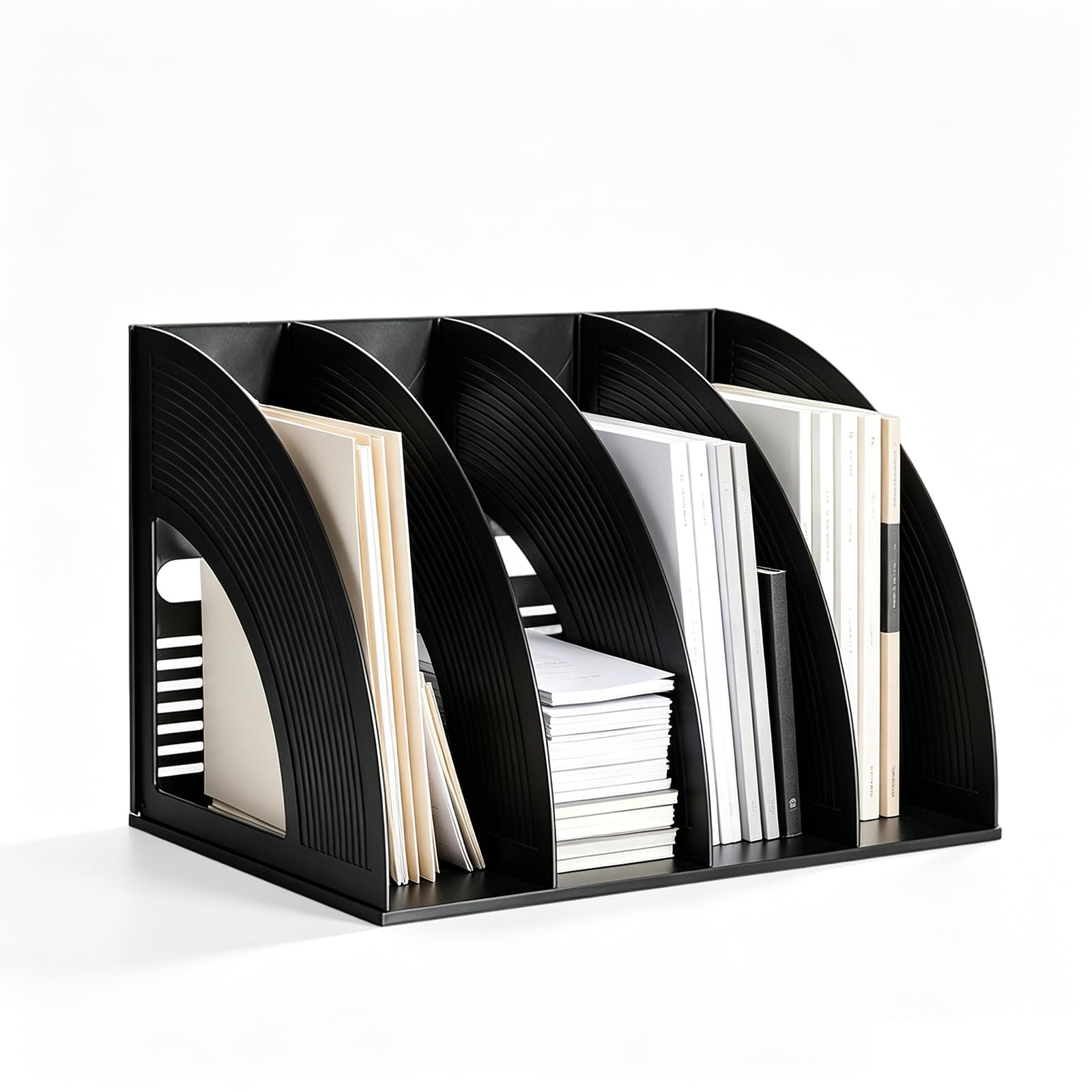UOSIWYA A4 File Holder, 4 Sections Magazine Folder Holder Plastic Vertical Document Rack Desk Files Organiser Black Arched File Organise for Home Office Organization and Storage