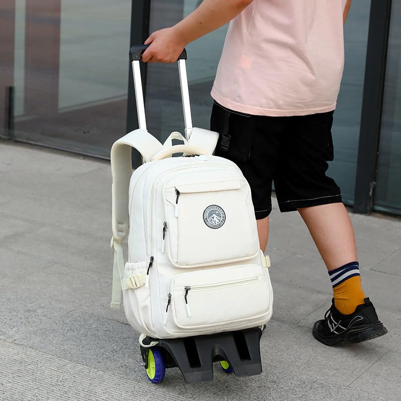 Image of PALAY School Trolley Bag Beige Nylon Trolley School Bags for Boys Girls Waterproof Rolling Backpack for Kids