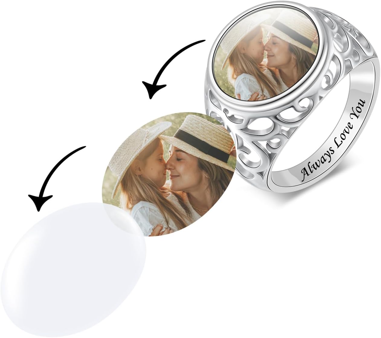 LucySky Sterling Silver Heart Chunky Band Personalized Photo Rings for Women Engraved Promise Ring for Women Mom Grandma on Mother's Day Christmas Birthday