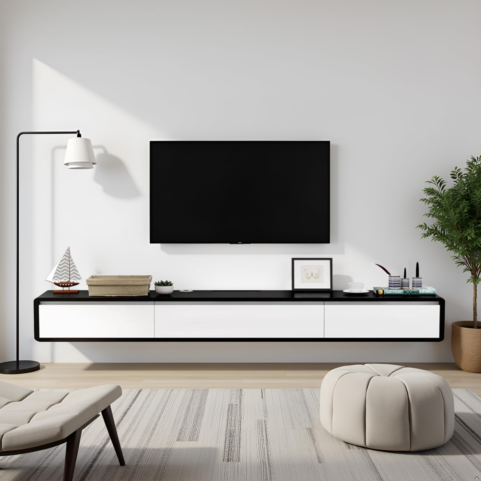 EQWZUPD Floating TV Stand, Wall Mounted Solid Wood Media Console Shelf with Cable Holes, Modern Minimalist Entertainment Center for 55–85 inch TVs,