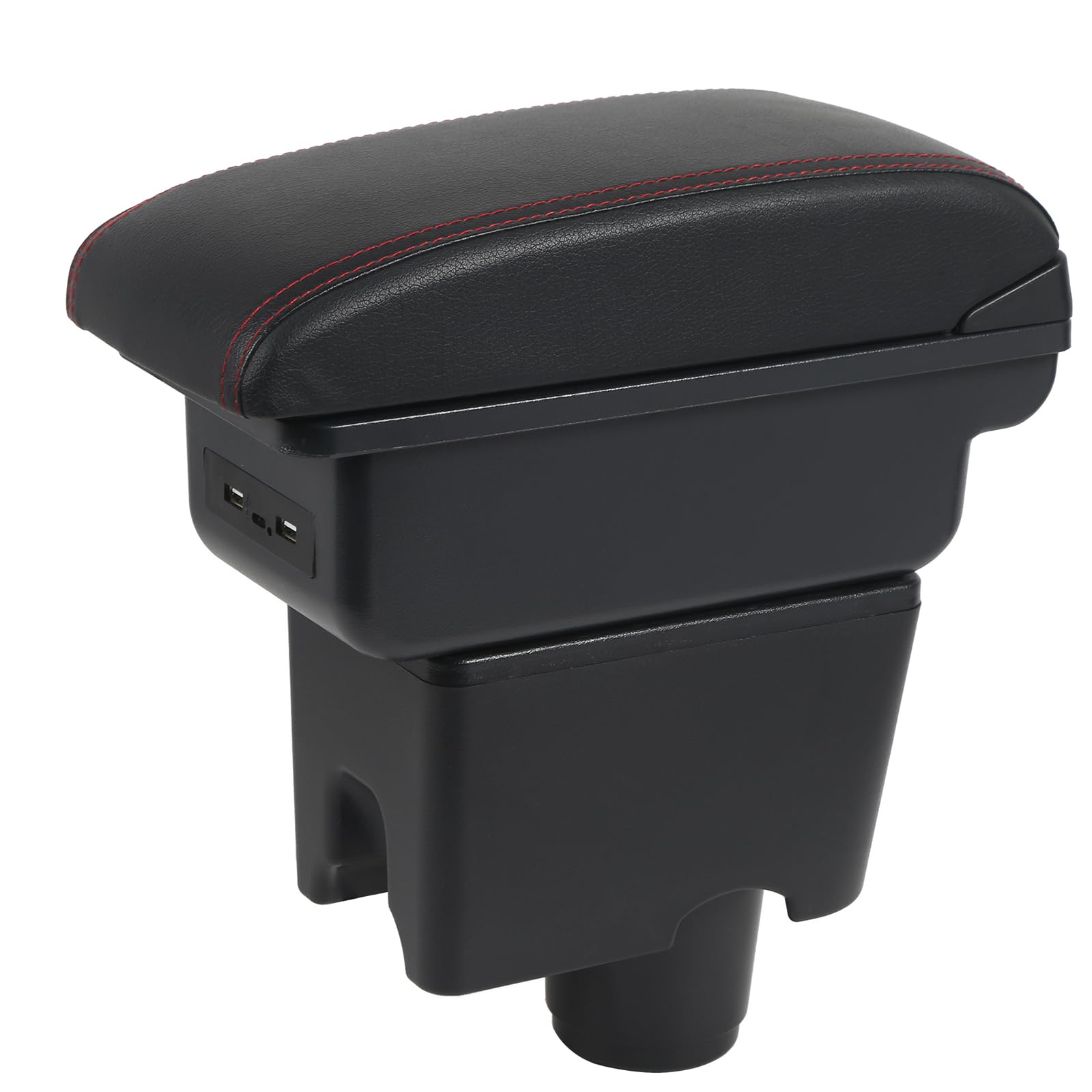 YJYWZH für VW Up 2009-2020 Armlehnen Mittelarmlehne mit Große Ablagefach und USB-Anschluss Autozubehör Konsole Armauflage Rot Stiche
