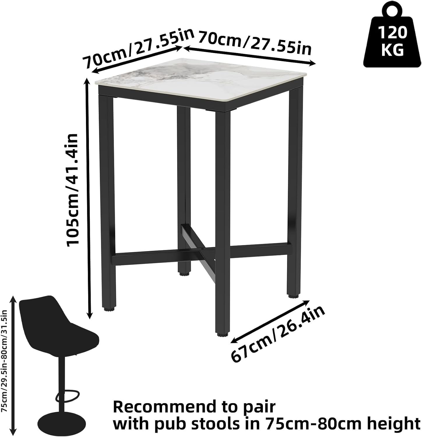 Condition photo showing New/Like New for wisfor sintered stone bar table: white counter height dining table with black metal frame - high top pub tables for narrow spaces (square-jade color) - chairs sold separately
