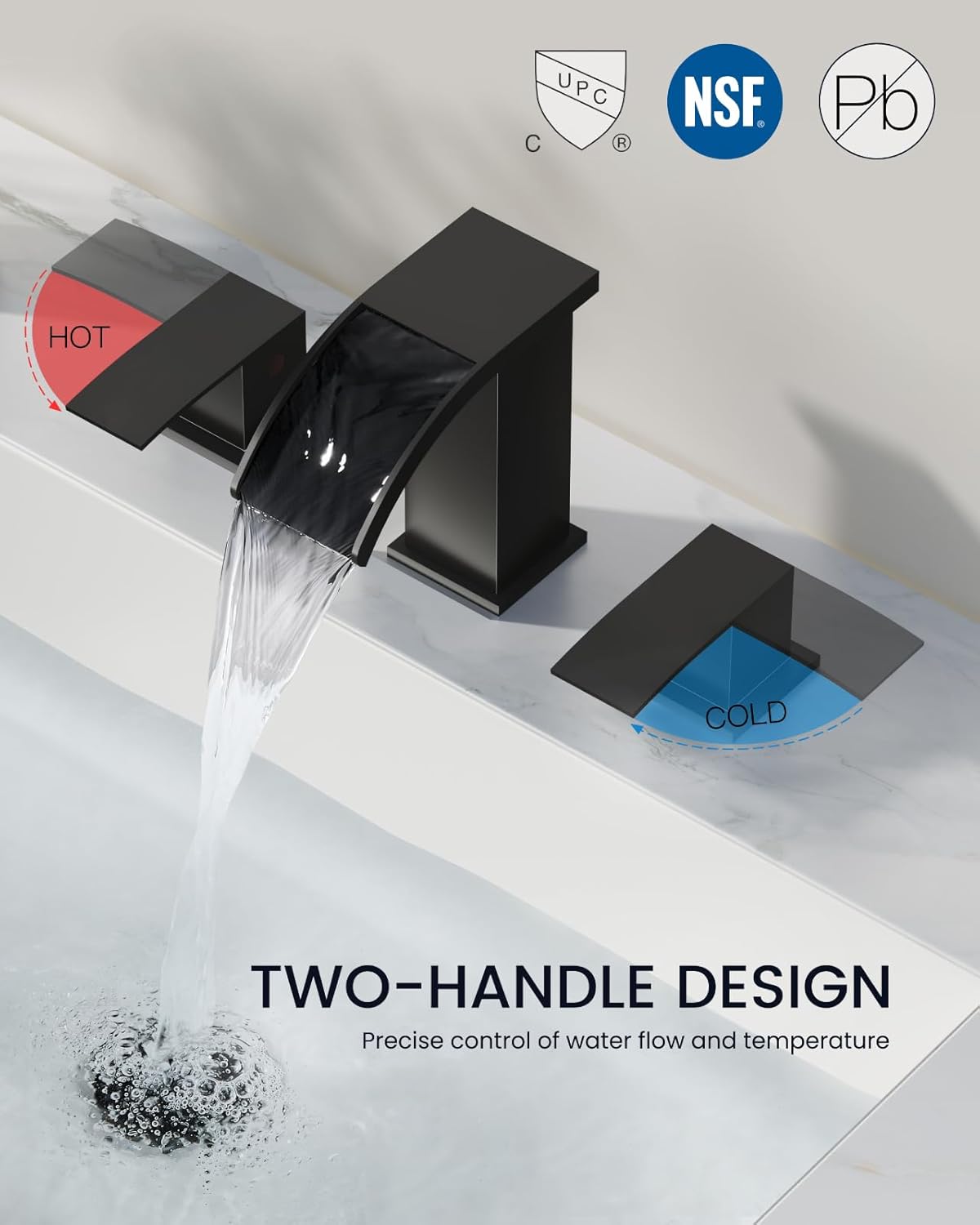 gotonovo Waterfall 8 inch Widespread Bathroom Faucet Set Bathroom Sink Faucet 3 Hole 2 Handle Vanity Lavatory Deck Mount with Pop Up Drain and Water Supply Lines Square Body Matte Black