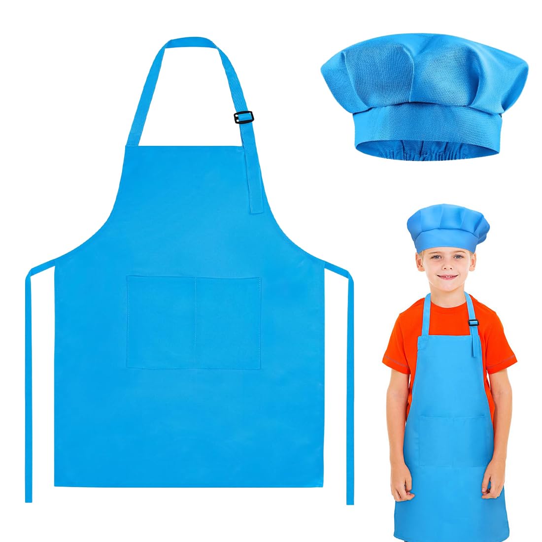 PNPGDYK Delantal de Niño, Delantal infantil y gorro de cocinero ajustable con 2 bolsillos, gorro de cocinero y delantal para cocinar, hornear y pintar (Azul)