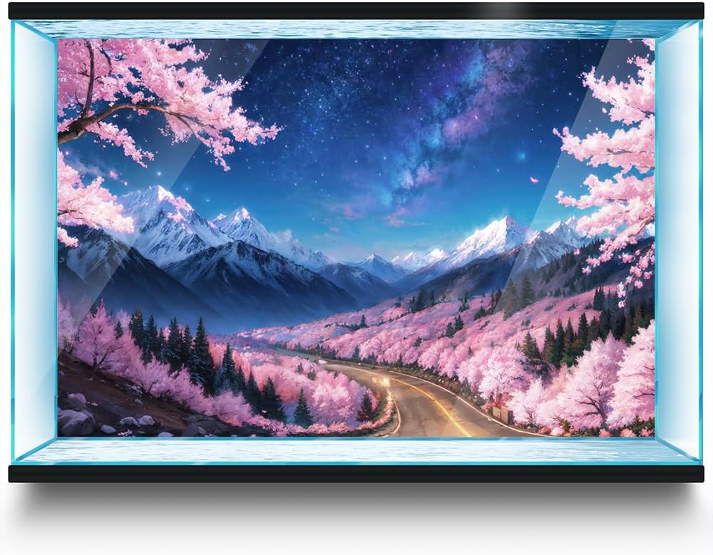 Aquarium Background Stickers - Cherry Blossom, Mountain, Starry Fantasy Self-Adhesive Fish Tank Reptile Terrarium Decor Poster (80 x 40 cm / (31.4 x 15.7 inches))