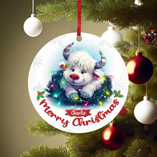 Miniatura 3 de Adorno de buey de Navidad, buey de Papá Noel enredado en luces del árbol de Navidad, adorno navideño, sombrero de Papá Noel a juego (buey)