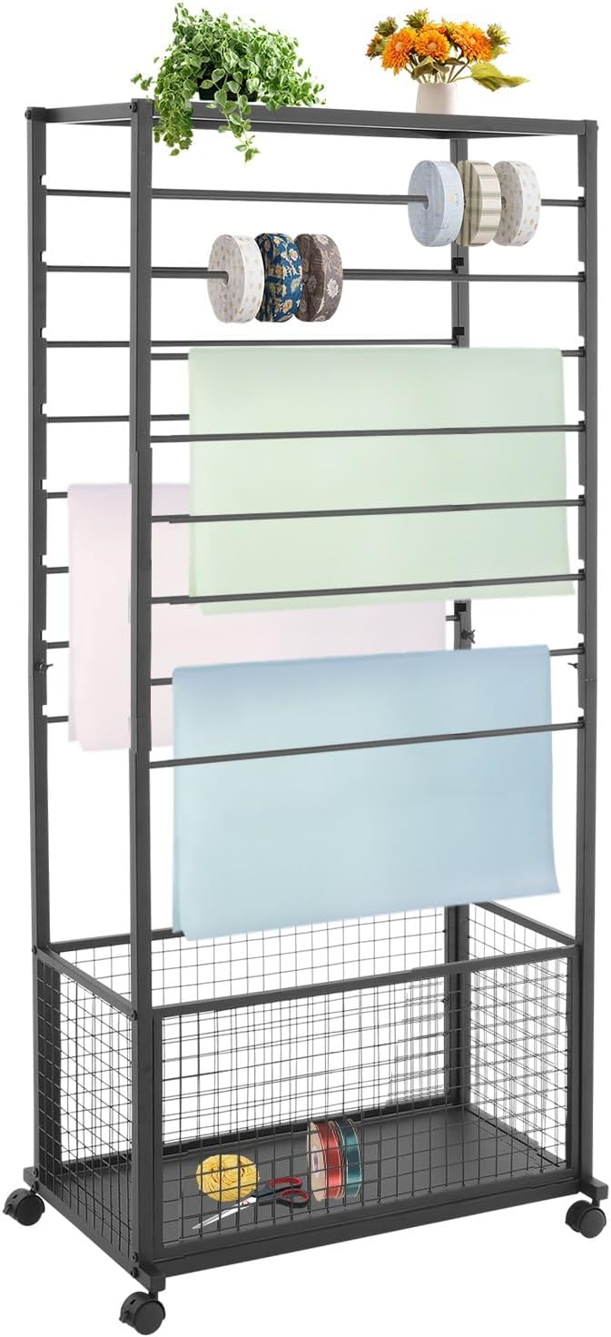 16 Tier Ribbon Holder Organizer Rack for Craft Room, Ribbon Display Stand with Lockable Wheels, Multifunctional Ribbon Storage Flower Gift Wrap Organizer for Flower Shop, Cake Shop (Black)