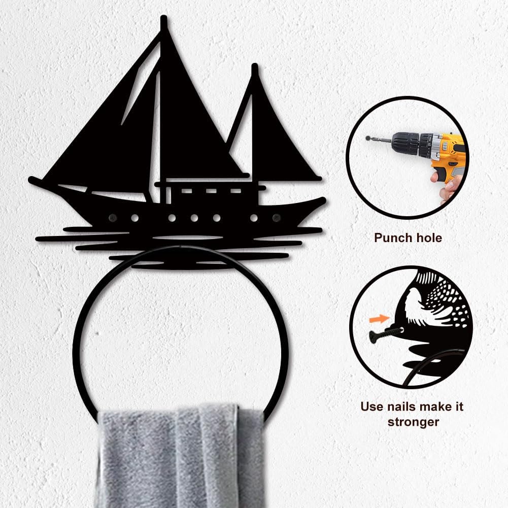 MAYJOYDIY Sea Bailboat Metal Towel Ring Ocean Voyage Hand Towel Holder Summer Nautical Wall Mounted Towel Rack Bath Towel Ring Metal for Kitchen Home Hanging Gifts Decoration