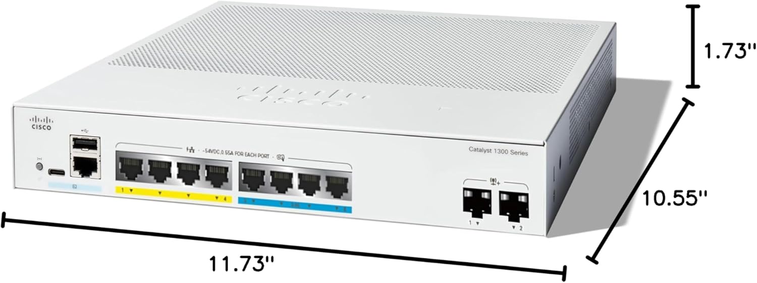 Cisco Catalyst 1300-8MGP-2X Managed Switch, 4 Port GE, 4 Port 2.5GE, PoE, 2x10GE SFP+, Limited Lifetime Protection (C1300-8MGP-2X)