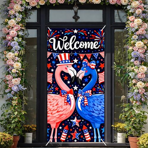 Image of BlissYard Welcome Patriotic Flamingo Door Cover 71x35 Inch 4th of July Front Door Cover Decoration Red White Blue Flamingo Door Banner Independence Day Porch Door Cover July 4th Door Decorations