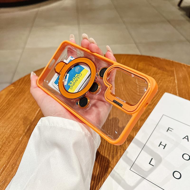 Image of LuxuryKase Magnetic Clear Case for Samsung Galaxy S26 | Metal Ring Stand | Camera Lens Protector Rings | Shockproof Hard PC Back | MagSafe Compatible | TPU Bumper - Orange