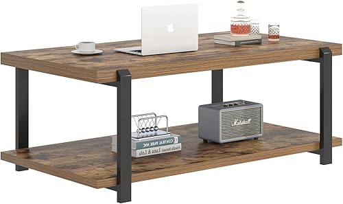 Miniatura 8 de FOLUBAN Mesa de centro moderna, mesa central de madera rústica con almacenamiento para sala de estar, rectangular industrial de 2 niveles, mesa de