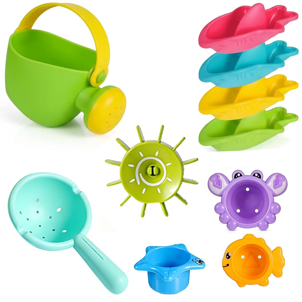 Baby Bath Toys for Toddlers 1-4 Years Old, 10 Pcs Mould Free Water Play Set with Spinning Water Wheel, Watering Can, Boats and Stacking Cups, Sensory Educational Swimming Pool Toys for Boys and Girls