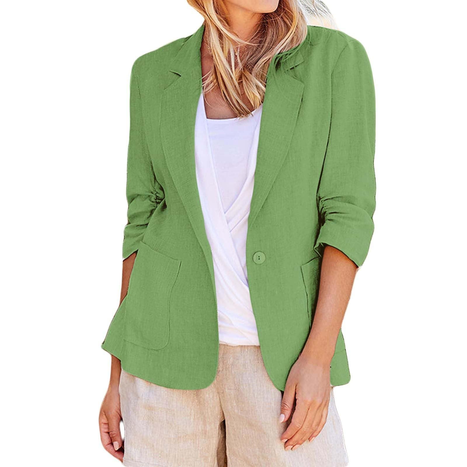 Linen Blazers for Women Lightweight Notch Lapel A Button Ruched 3/4 Sleeve Business Casual Work Suit Jacket
